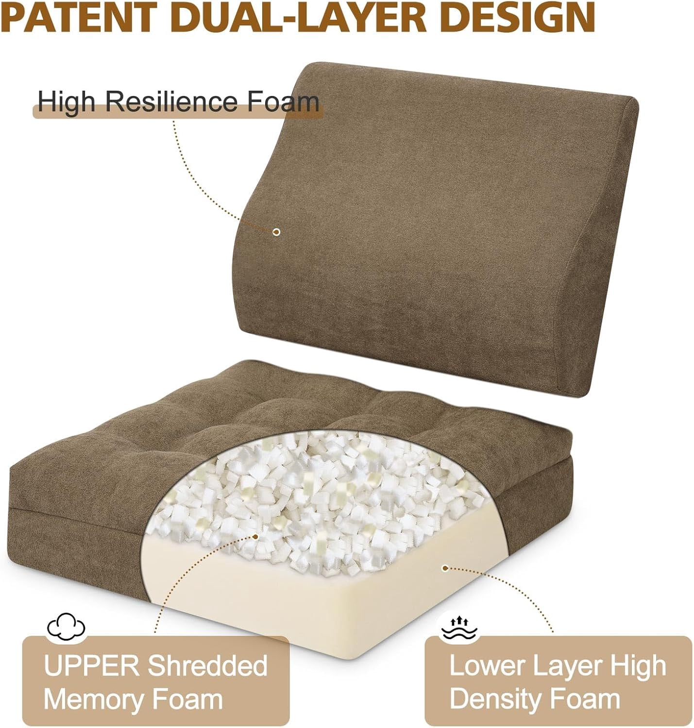 Recliner Cushion for Elderly with Lumbar Support Pillow - 20x20x5 Inch Extra Thick Recliner Seat Cushion for Seniors Relief Back Pain and Tailbone Pain from Long Sitting Non-Slip Bottom Brown