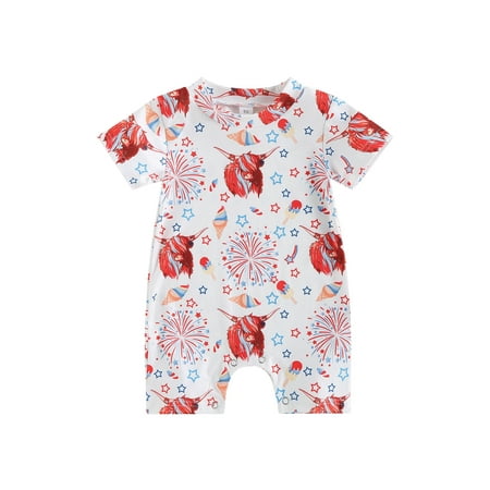 

4th of July Baby Boy Girl Clothes Cow American Flag Print Short Sleeve Romper Jumpsuit One Piece Bodysuit Outfit