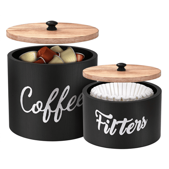 Coffee Filter Holder for Counter, Rustic Wood 2-Piece Set Storage Container with Lid, Organizer for Basket Filters and K-Cup Pods