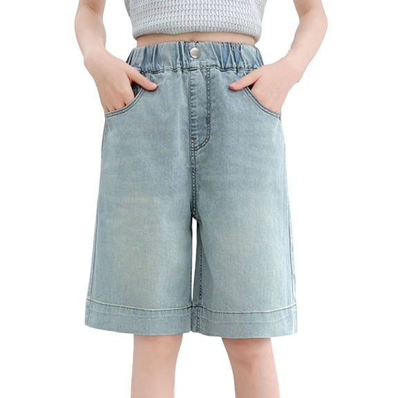 OGLCCG Jean Shorts for Girls Y2k Baggy Elastic Waisted Cute Hearts Embroidery Summer Teens Denim Shorts Wide Leg Bermuda Shorts Size 5-15