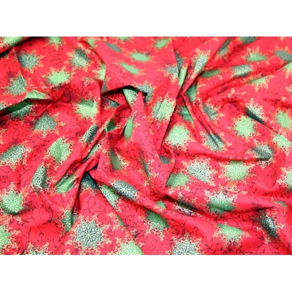 Metallic Gold Print Christmas Cotton Dress Fabric Red - per yard