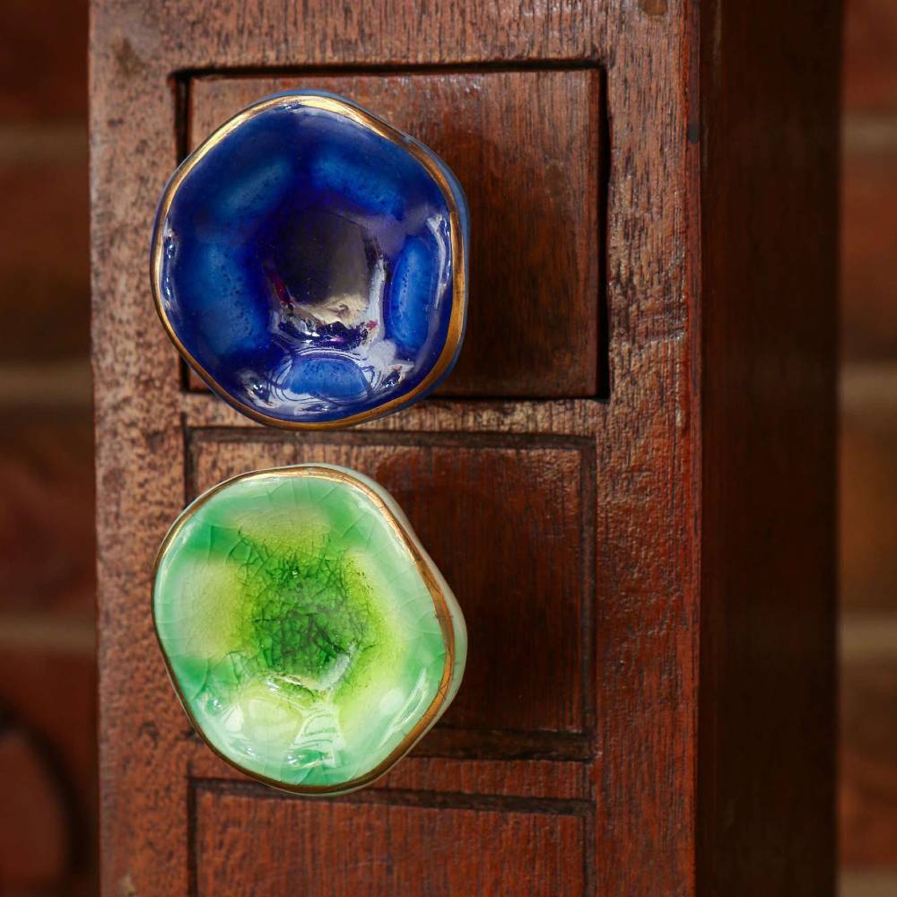 TRINCA-FERRO Set of 6 Ceramic Jordan Green Knob Kitchen Cabinet Cupboard Door Dresser Wardrobe and Drawer Pull for Bathroom | Bedroom | Office | Kitchen