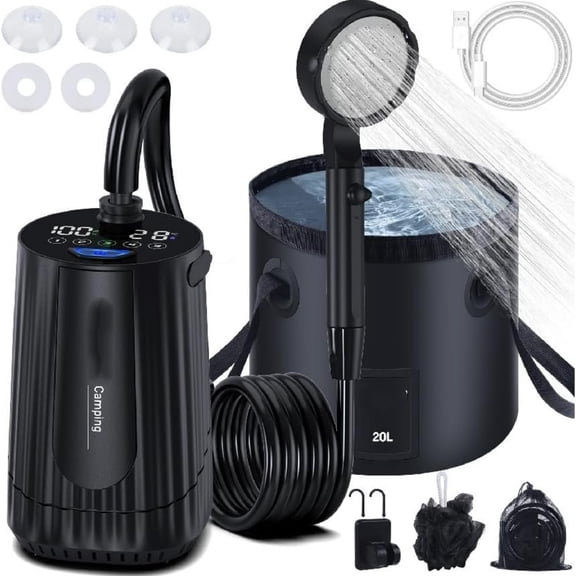 "Portable Camping Shower, [10000mAh Rechargeable], 5-Speed with Collapsible Bucket with Handle 20L, IPX8 Waterproof, LED Display Camp Shower Pump, Perfect for Hiking, Travel, Cars & Pets "