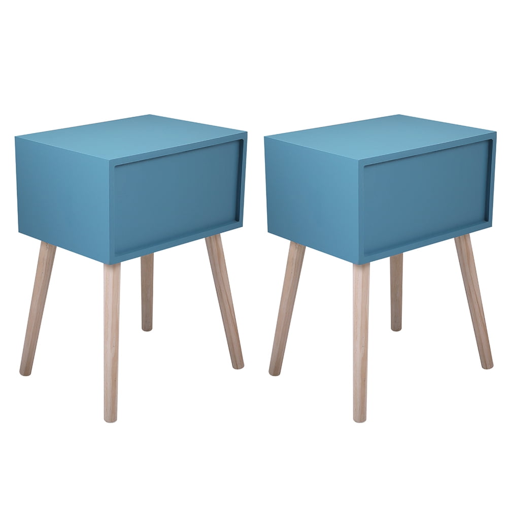 Kadyn Mid-Century Side Table, 2-Drawer Nightstand, Accent or End Table with Storage, Wood, Blue-2PCS