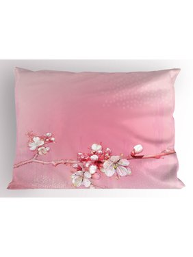 Peach Pillow Sham Japanese Inspired Cherry Blossom Branch Sakura Flowers in Soft Colored Spring Time, Decorative Standard King Size Printed Pillowcase, 36 X 20 Inches, Pink White, by Ambesonne