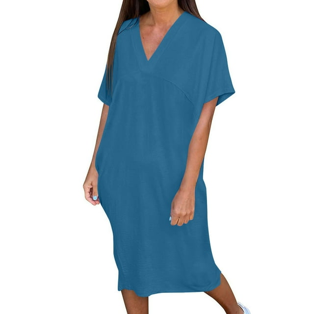 Robes Longues Décontractées pour Femmes à Manches Courtes, Fendues, Amples, Robes d'Été Babydoll Mignonnes, Robes de Maternité Amples Bleues, G