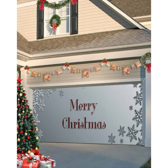 Garage Door Banner Cover 7 x 16 ft, Snowflake with Merry Christmas Christmas Garage Door Decorations Holiday Christmas Backdrop Decor for Winter New Year Xmas Party