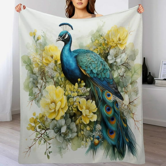 Peacock Flowers Watercolor Flannel Blanket for Home 50"x60" Peacock Feathers Animal Wild Colorful Elegant Soft Warm Cozy Fleece Holiday Throw Blanket for Couch Bed Throw Blanket for Adults And Kids