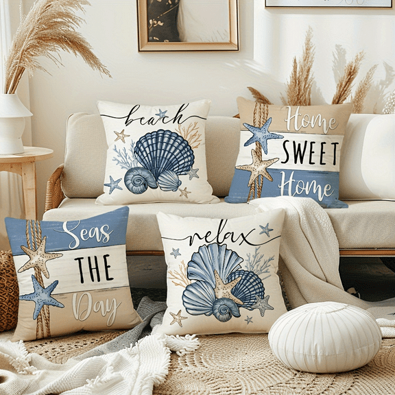 4pcs Ocean Starfish Throw Pillow Covers, Home Decorations Cushion Cases, Farmhouse Blue Pillow Cases For Porch Patio Couch Sofa Living Room, Without Pillow Inserts