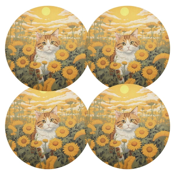 Ryvnso Cat in Sunflower Round Plate Mats Dining Table Placemat Set of 4 for Holiday Decoration