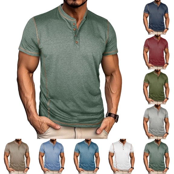 Horkkom Short Sleeve Shirts for Men Button V Neck T Shirts Summer Workout Loose Casual Shirts L