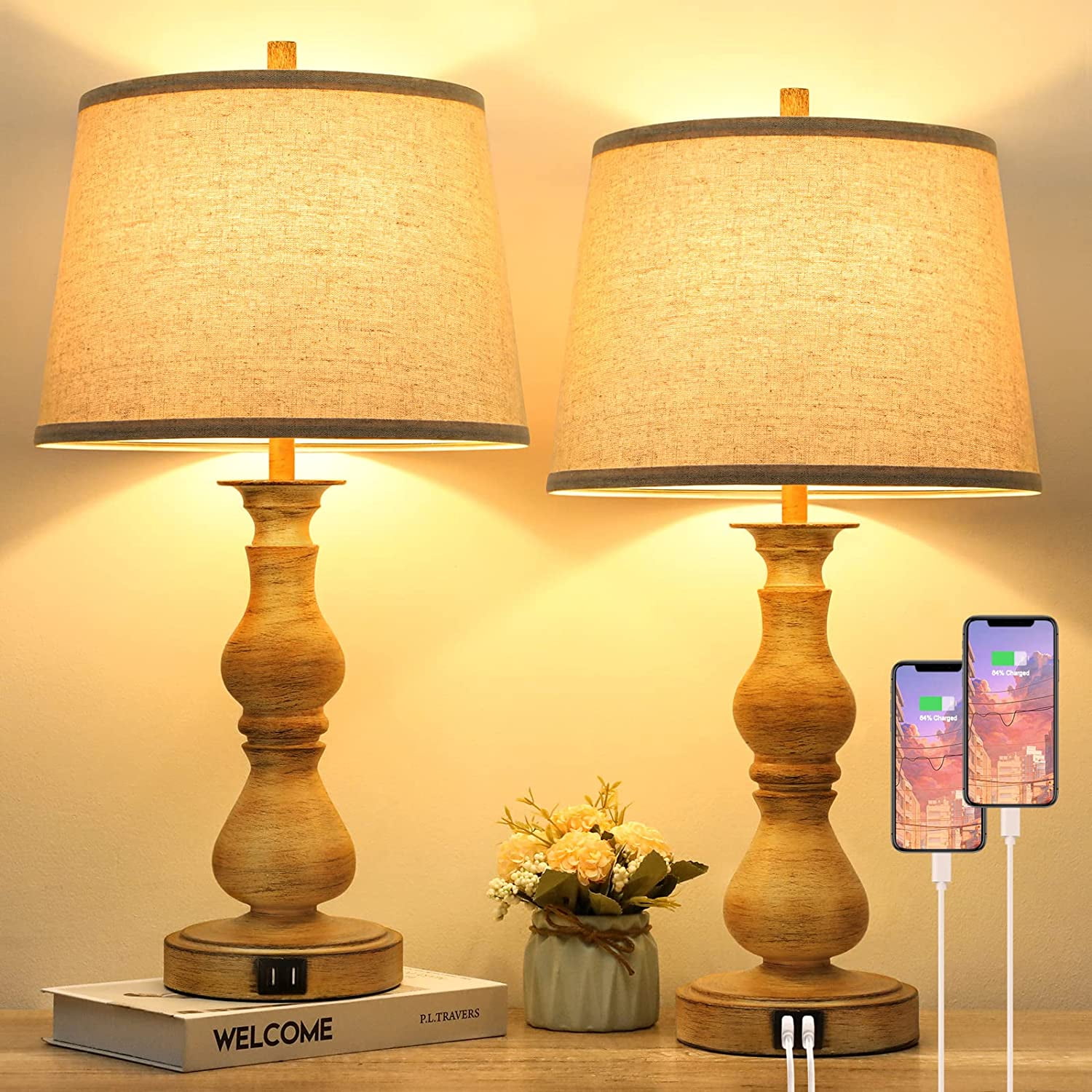 Farmhouse Set of 2 Table Lamps for Bedroom, Touch Control 3Way