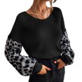 thumbnail image 1 of Suéter de manga de leopardo para mujer, suéter informal suelto con cuello en V, Top de punto con costura de leopardo, suéter de manga larga con farol negro L, 1 of 6