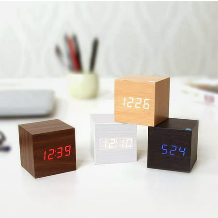 Wooden Digital Alarm Clock Cube Little Clock, LED Table Clock USB/Battery Powered for Heavy Sleepers, Kids, (Best Alarm For Deep Sleepers)