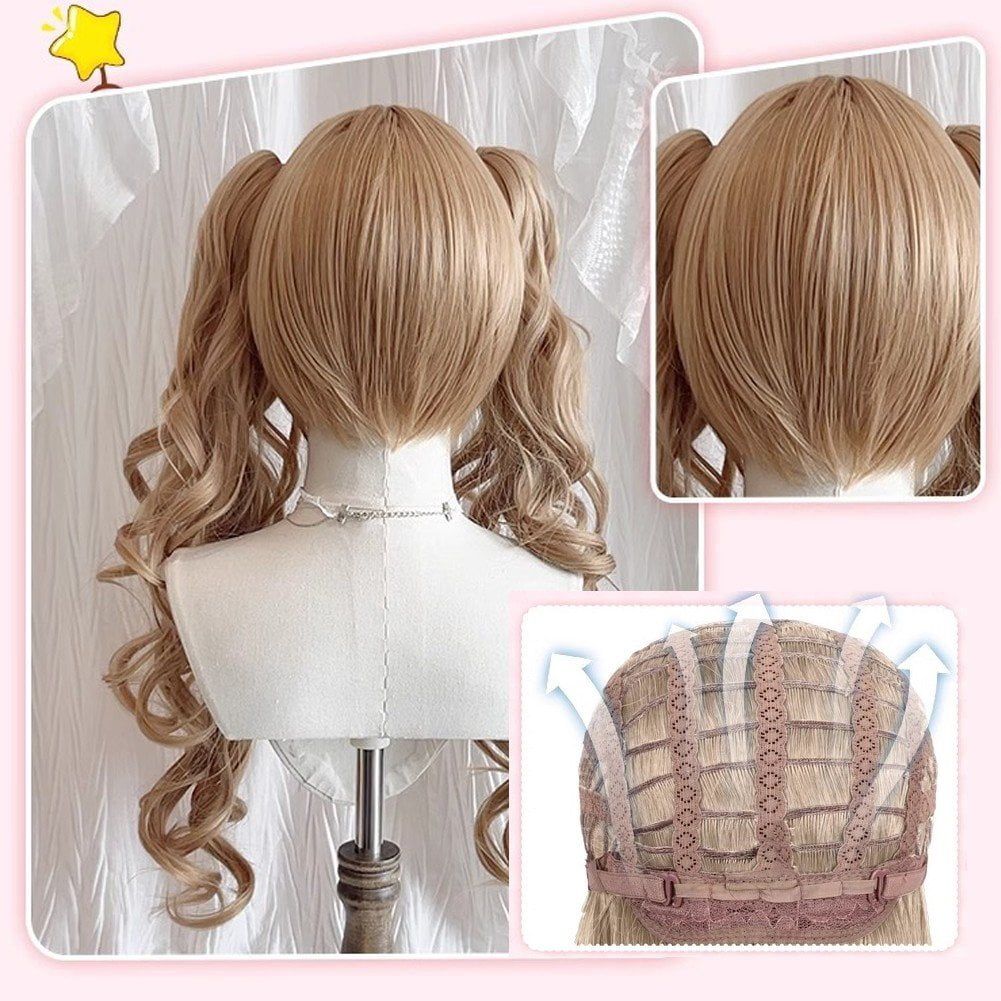 Vjnyvs Lolita Long Curly Wig with Bangs Double Ponytails Wig for Women