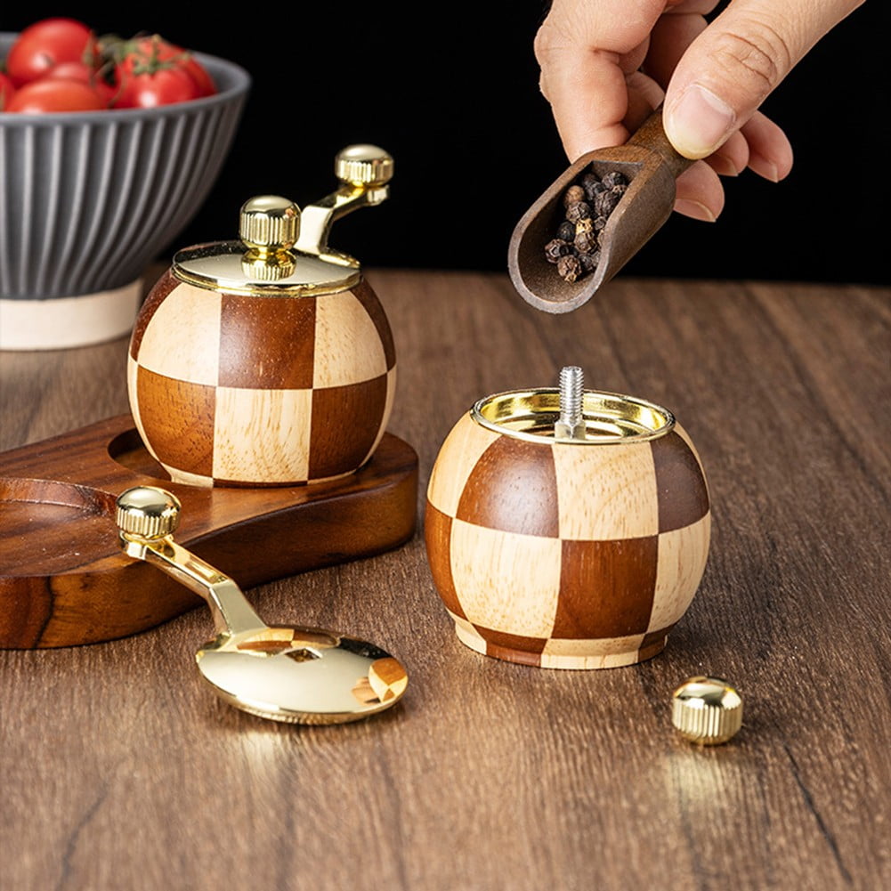 Chessboard Hand Cranked Pepper Grinder Kitchen Solid Wood Seasoning Jar Two Sets+Base