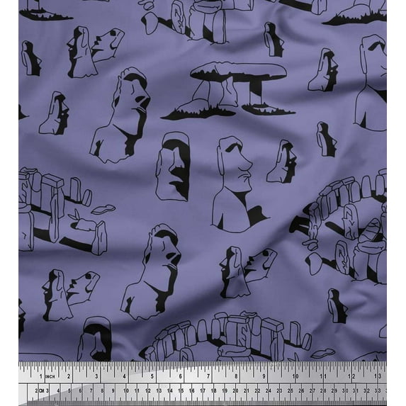 Soimoi Velvet Fabric Easter Island Statue Face Printed Craft Fabric by the Yard 58 Inch Wide