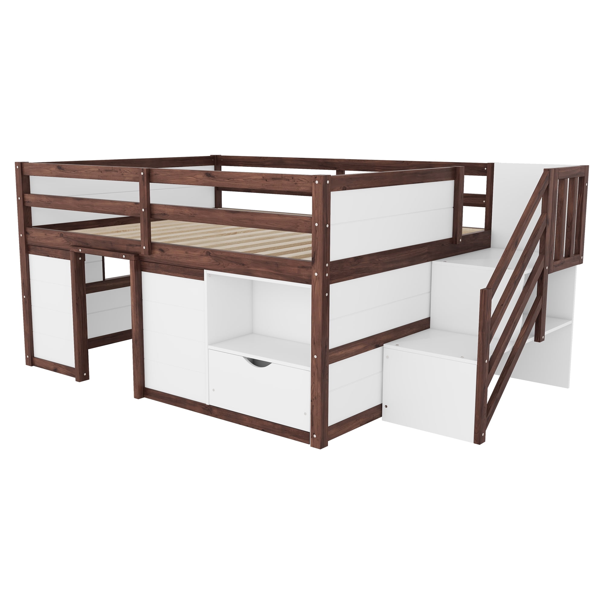 Leumius Full Size Loft Bed with Storage Stairs and Storage Drawers,Solid Wood Bed Frame with Large Under-Bed Space,Walnut White