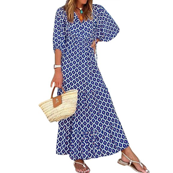 Evdexr Maxi Dress Women Tiered Boho Beach Dresses Puff Sleeve Floarl Smocked Vacation V Neck Dress Summer Loose Fit Long Geometric Clothes Blue XL