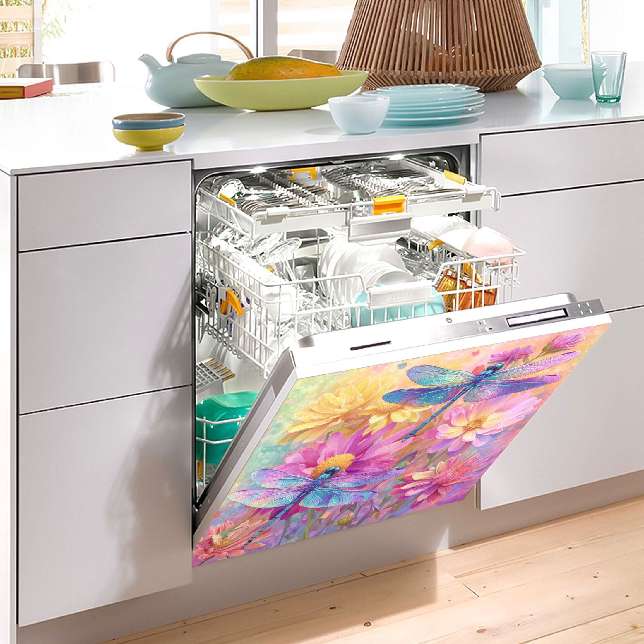 23"x26" Dishwasher Magnetic Refrigerator Magnet Cover Sticker Home Decorative Summer Dragonfly Blooms Print