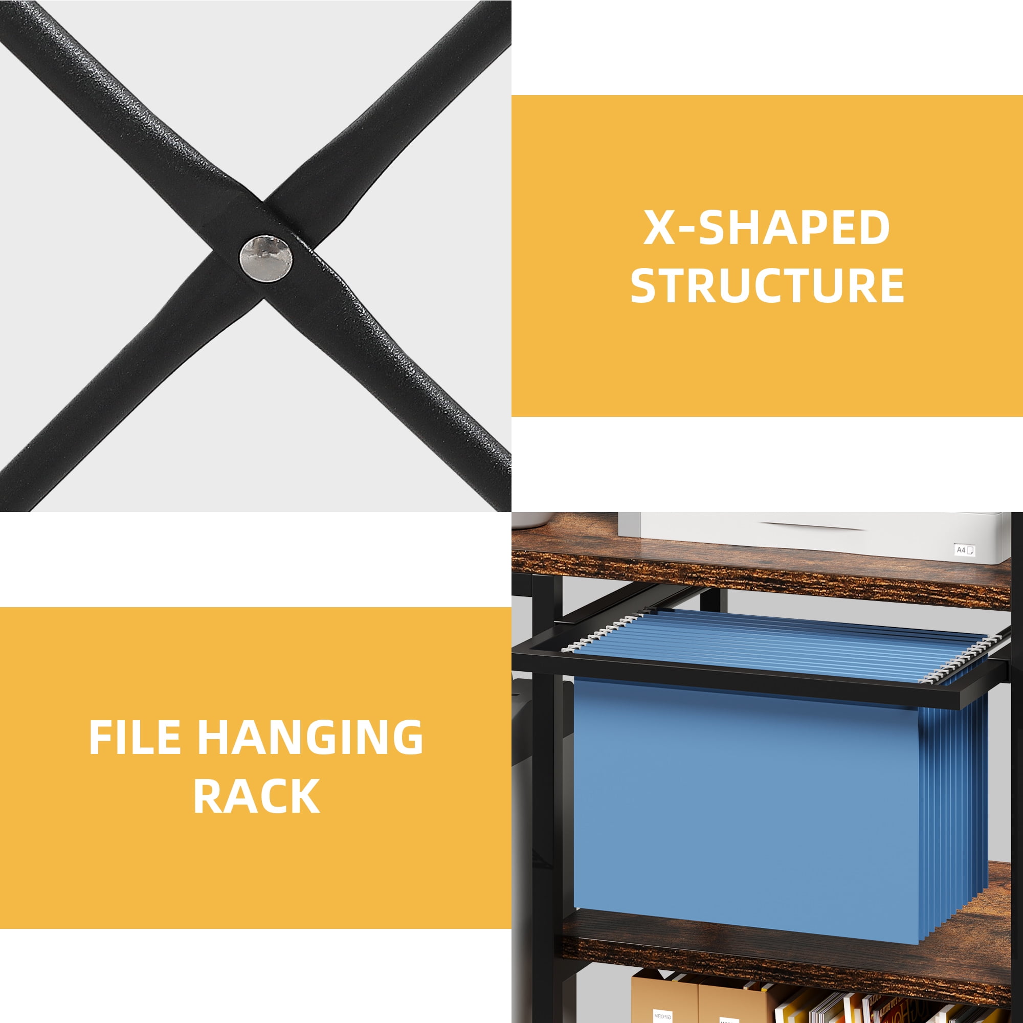 Craftian 3-Tier Printer Stand with Storage & Charging Station, File Organizer Cabinet with Open Shelves, Rolling Printer Desk Stand, Multi-Functional Home Printer Stand for Home Office, Brown