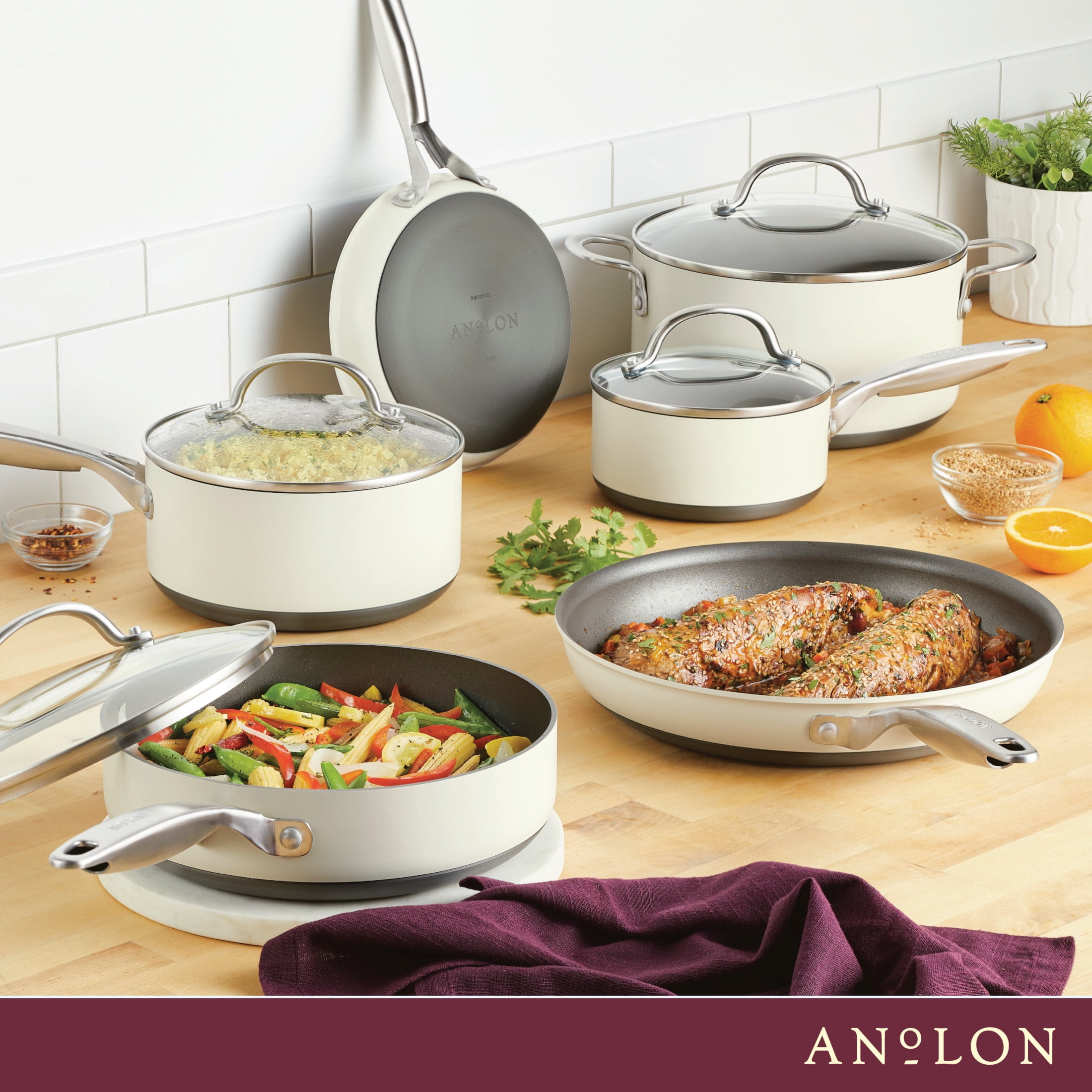 Anolon Achieve 10 Piece Nonstick Hard Anodized Aluminum Pot and Pan Set, Cream