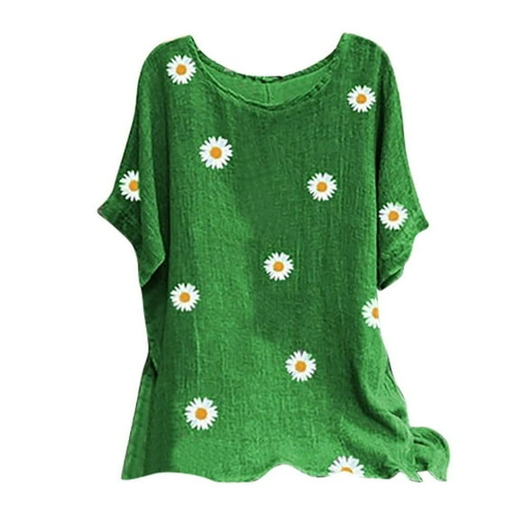 Prime Same Day Delivery Items Woman Vintage Cotton-Blend O-Neck Short Sleeve Floral Print Top T-Shirts Blouse
