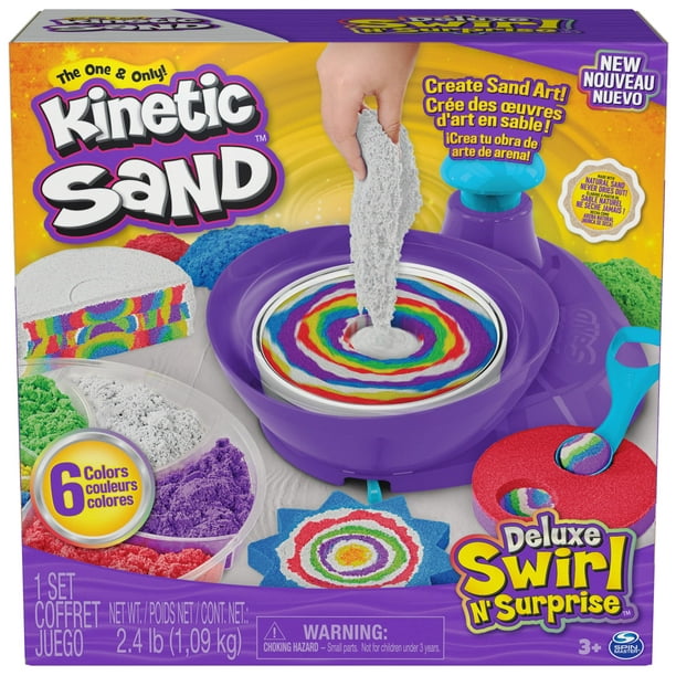 Kinetic Sand, Deluxe Swirl N' Surprise Playset, 2.5 libras de arena de juego (rojo, azul, verde, amarillo, blanco y morado), 4 herramientas, juguetes sensoriales para niños de 3 Kinetic Sand NA