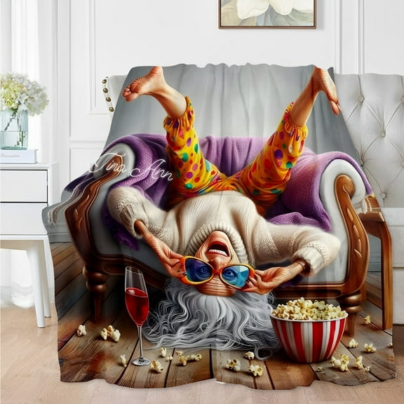 [1pc Inverted Grandma Print Flannel Throw Blanket] Contemporary Flannel Throw Blanket, Unique Inverted Grandma Print, Digital Print Polyester Knit, Lightweight Cozy