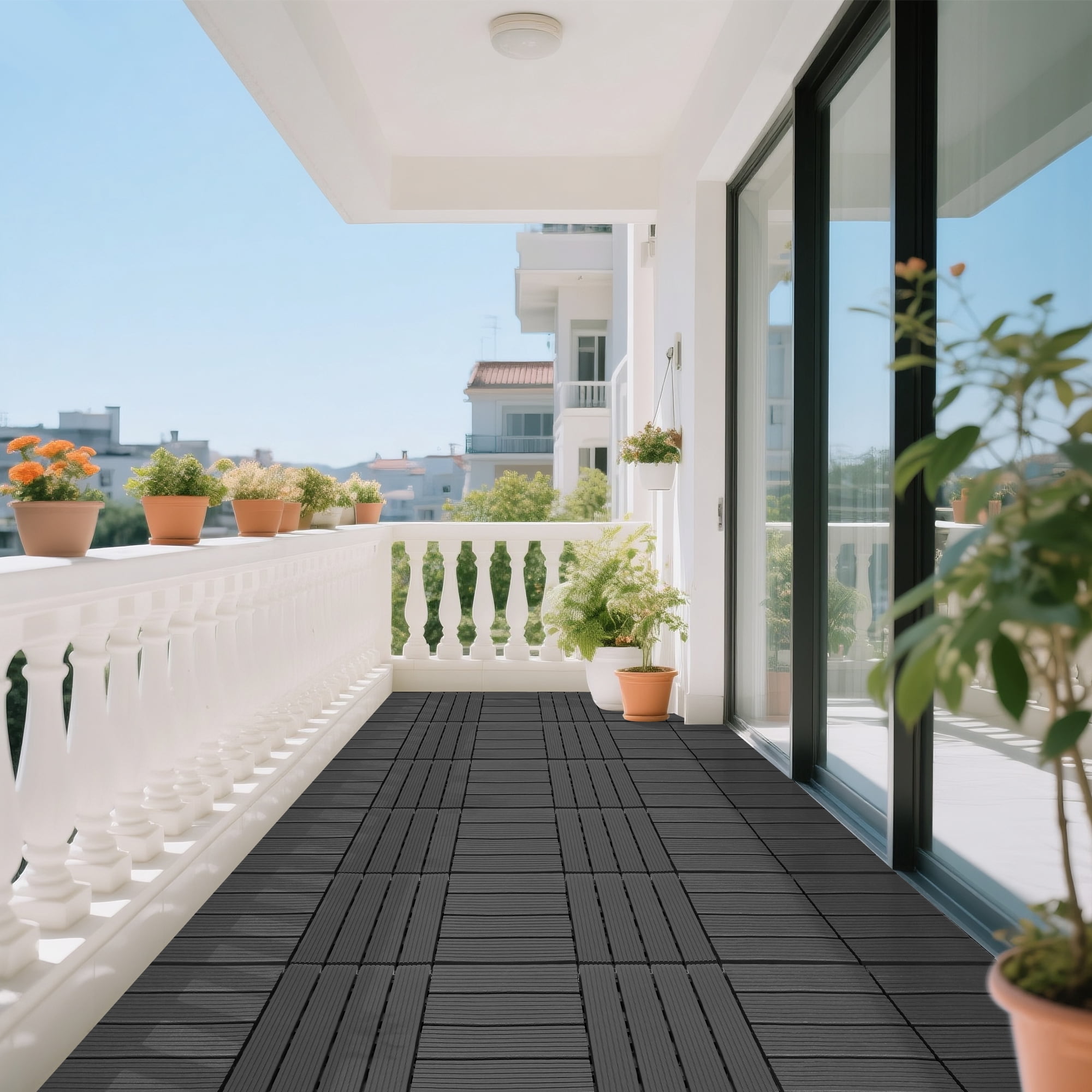 44 Pack 12"×12" Interlocking Deck Tiles, Dark Gray PP Plastic Waterproof Floor Tiles, All-Weather Patio Pool Balcony Decking Tiles for Indoor Outdoor