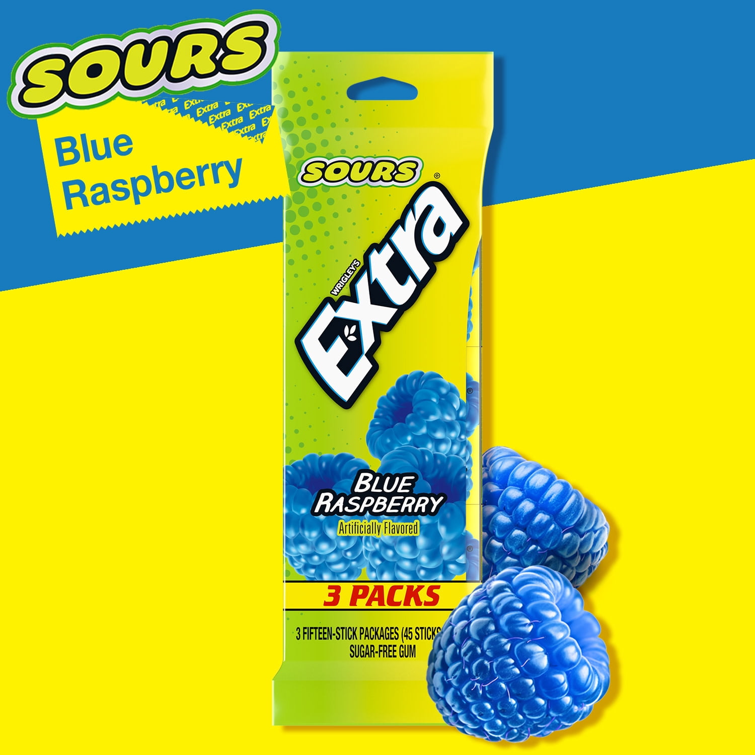 Extra Sours Blue Raspberry Sugar Free Chewing Gum - 3 Pack