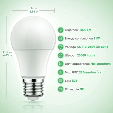 4-Pack A19 LED Grow Light Bulbs – Full Spectrum 11W Plant Lights, E26 Base For Indoor Plants & Seed Starting