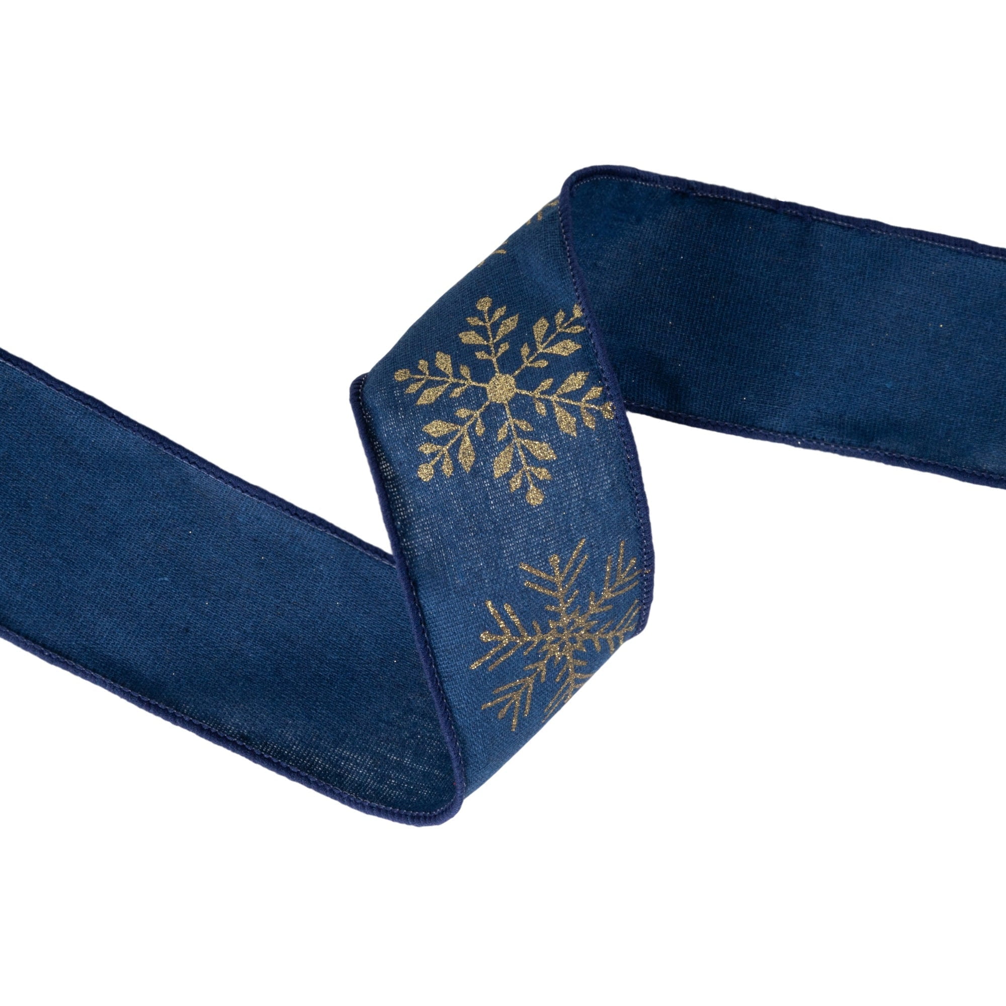 LaRibbons 2 1/2" Faux Linen Wired Ribbon, Blue w/ Gold Stamping Snowflakes, 10 Yard Roll