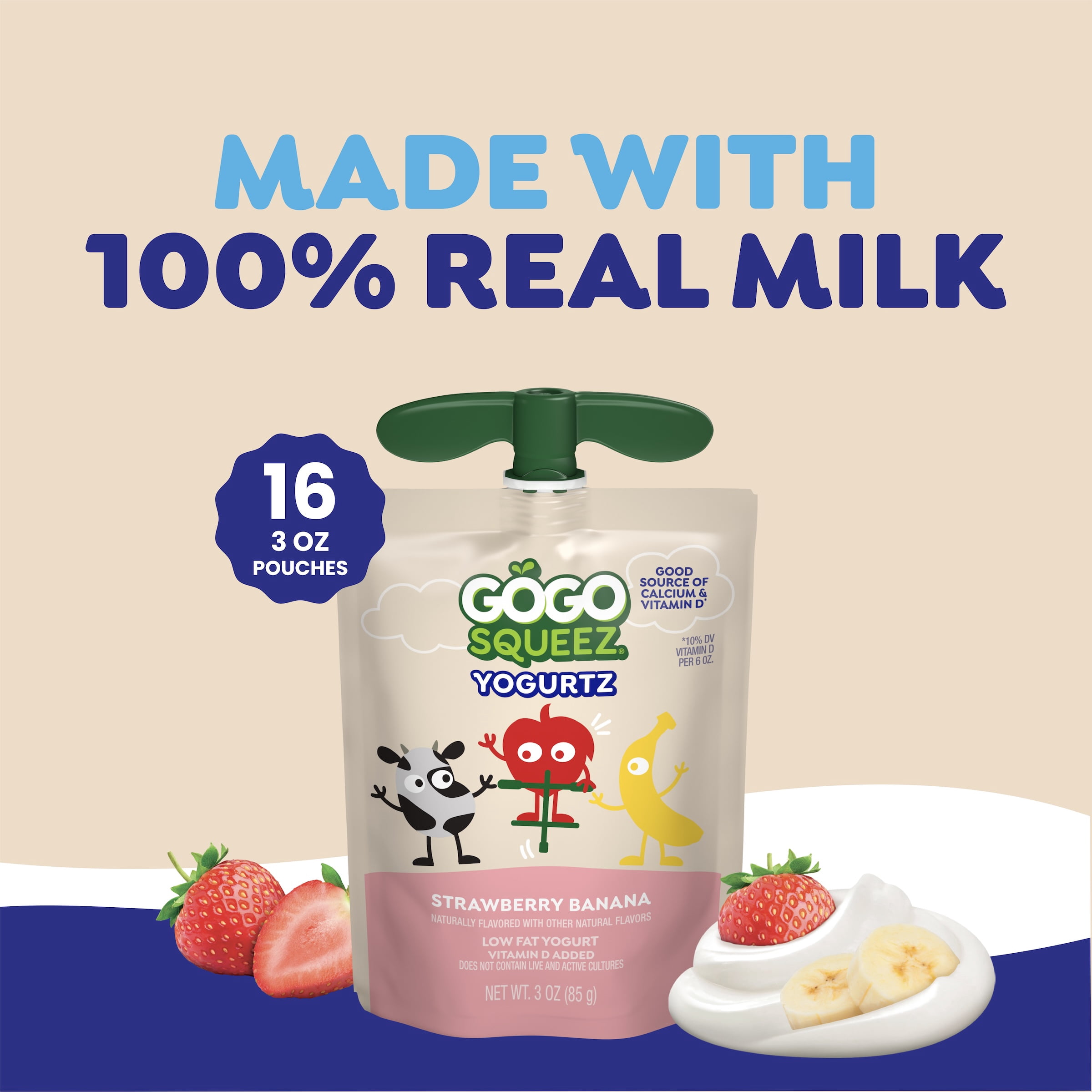 (4 pack) GoGo squeeZ Low Fat yogurtZ Strawberry Banana Yogurt Snack Pouches, 3 oz (16 pack)