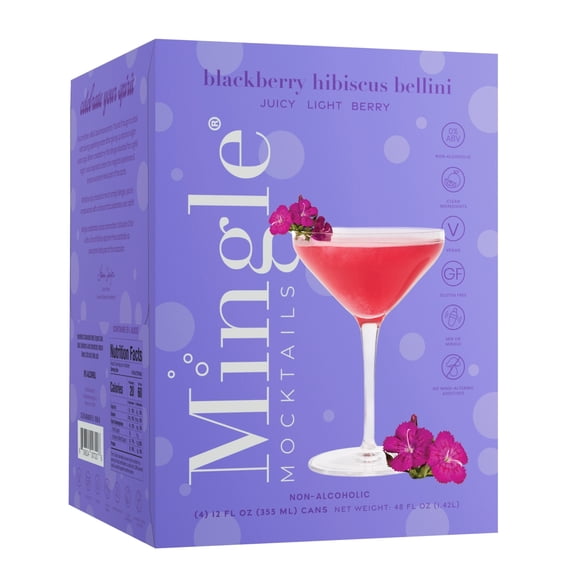 Mingle Mocktails, Non-Alcoholic Blackberry Hibiscus Bellini, 4 Pack, 12 fl oz Aluminum Cans, 0.00% ABV