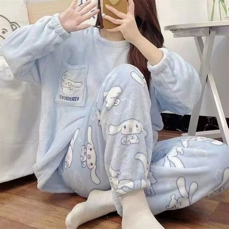 

Autumn Winter Sanrio Coral Fleece Cartoon Pajama Suit Hello Kitty Kuromi Cinnamoroll Pachacco Kawaii Soft Loungewear for Girls