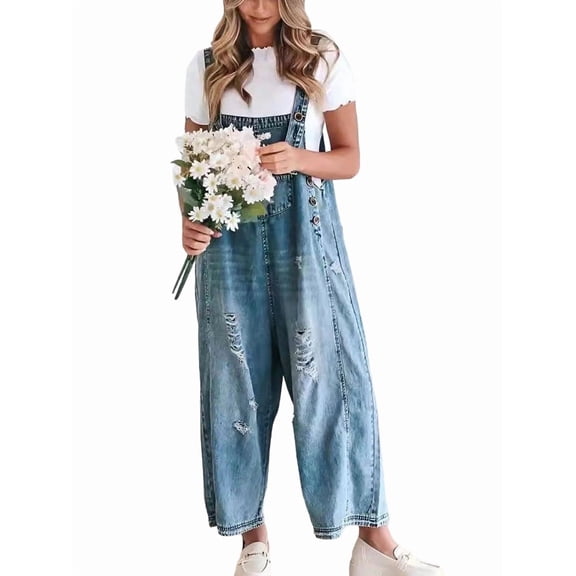 Women Loose Adjustable Strap Denim Bib Overall Jeans Distressed Wide Leg Baggy Overalls Jumpsuit M