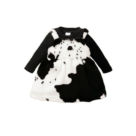 

Toddler Baby Girl Fuzzy Overall Dress Ribbed Romper Tops Cow Print Suspender Dresses Fall Winter Warm Clothes