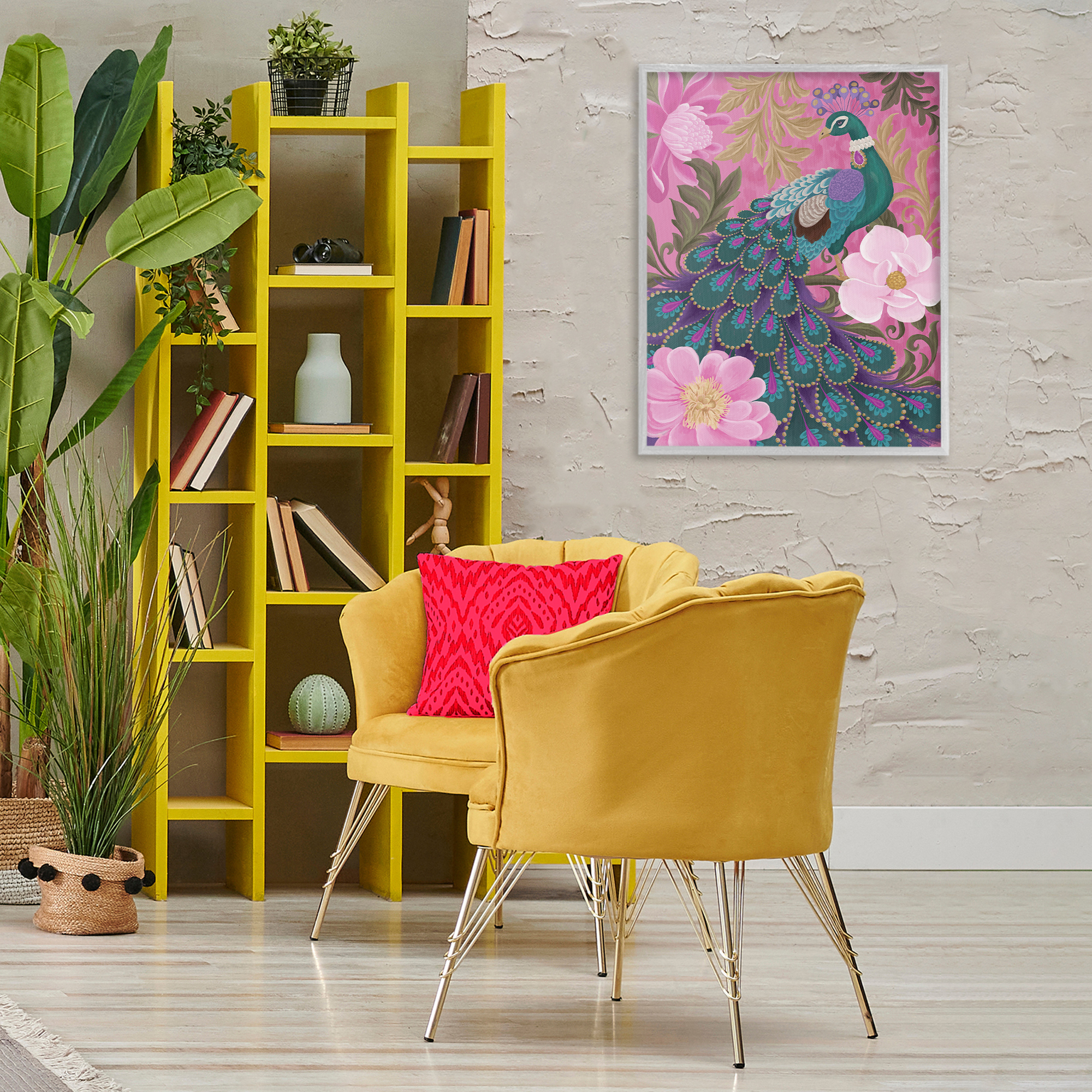 Stupell Industries Peacock & Pink Blossoms Animals & Insects Painting Gray Framed Art Print Wall Art, 24 x 30