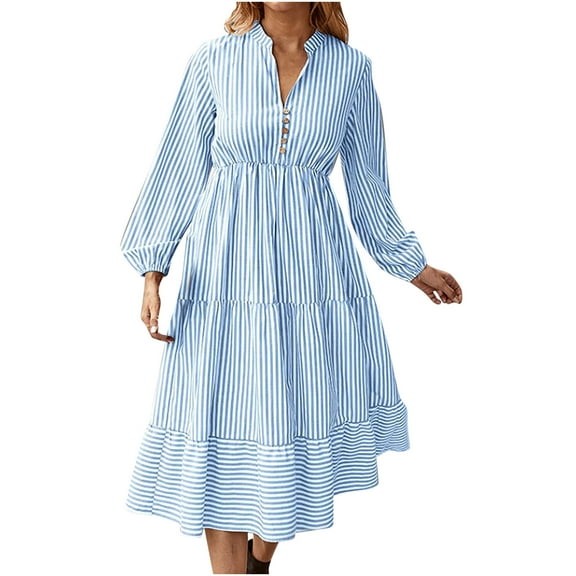 Ygbgbb Ladies Striped Commuting Casual Long Sleeved Elastic Waistband V-neck Dress (Blue,XXL)