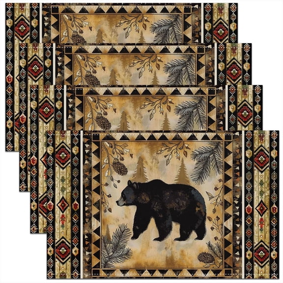 Bear Placemats Set of 4 Wild Animal Table Mats for Party Kitchen Dining Decoration Rustic Cabin Country Place Mat for Table Holiday Decor Indoor Outdoor 18"x12" Non-Slip Washable