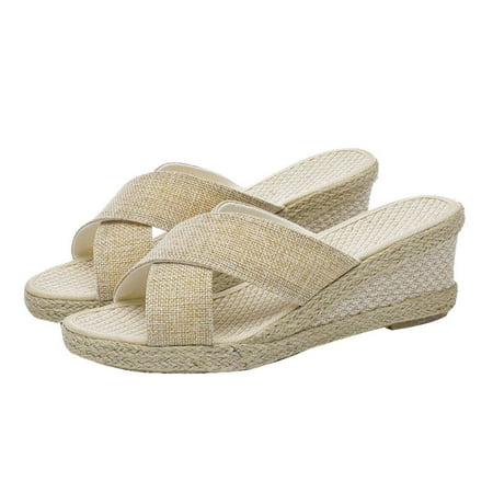 

KIJBLAE Women Summer Cross Bandage Platform Wedges Sandals Beach Shoes Ladies Flatform Slip-On Sandals Plus Size Beige 41