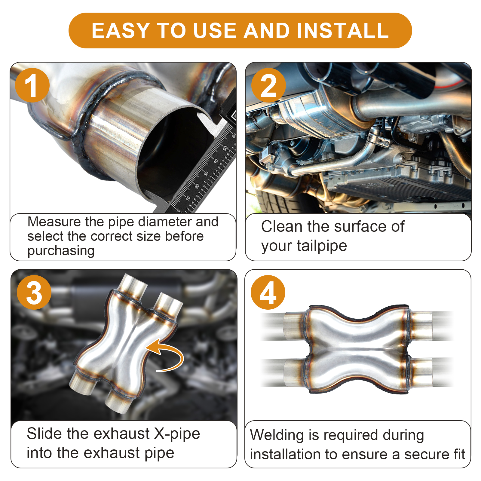 Exhaust X Pipe, Universal 2.5" Dual Inlet/Outlet Stainless Steel Crossover X Pipe 12" Long