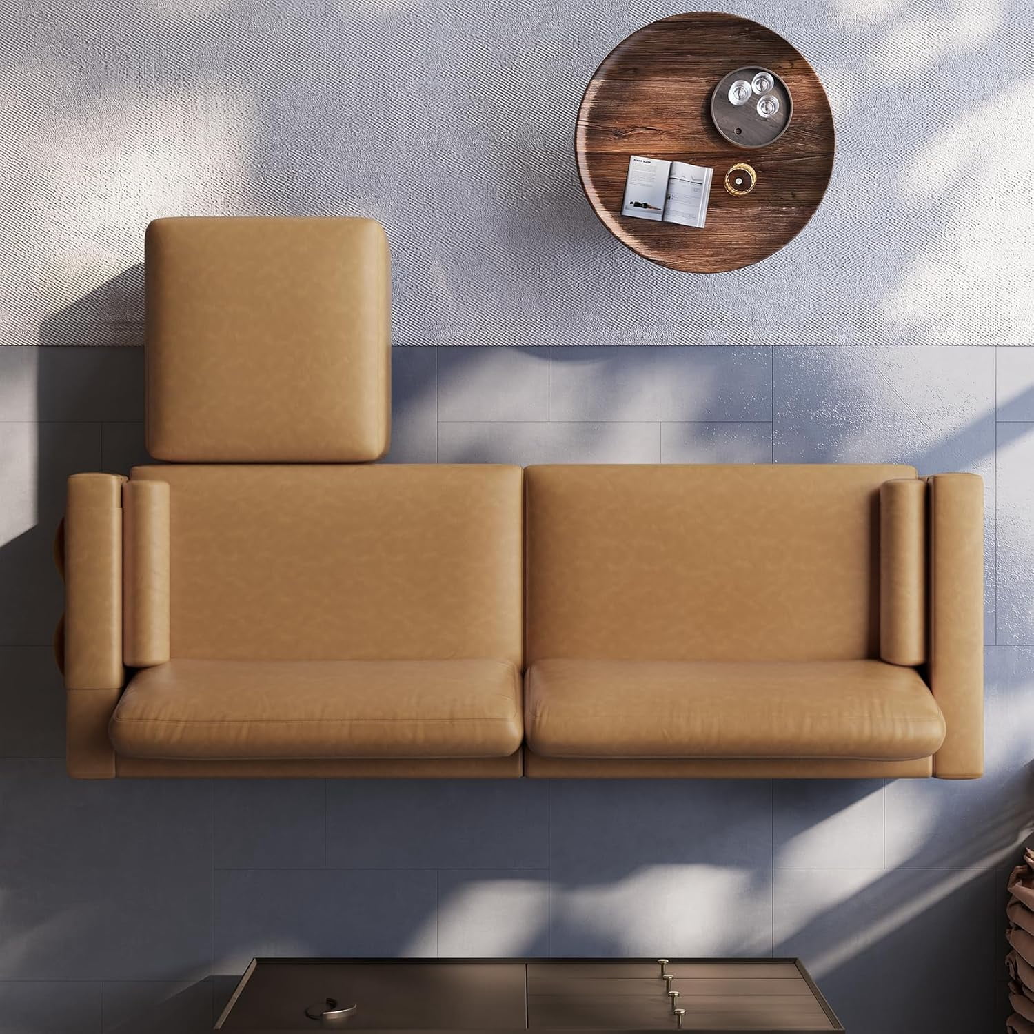Neche 100" Faux Leather Sofa with Movable Ottoman, Large 2 Seater L Shaped PU Leather Couch with Side Pocket, Comfy Mid Century Modern Modular Sectional Sofa for Living Room, Apartment, Camel