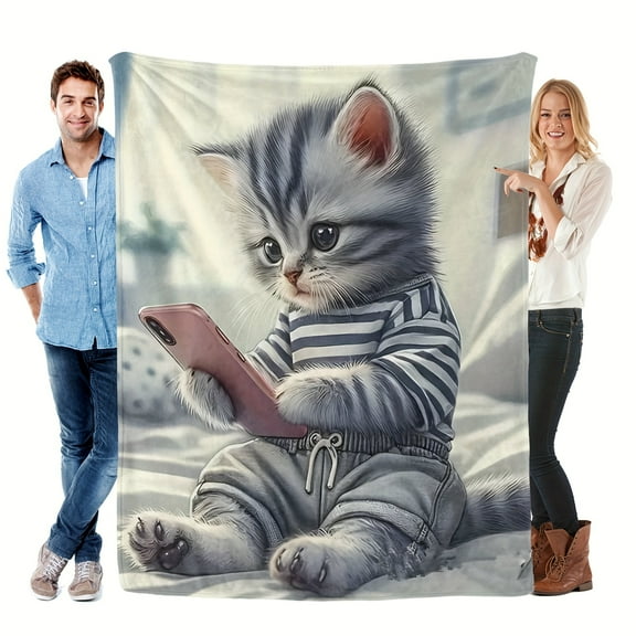 Cute Kitten Patterned Flannel Blanket Looking At Cell Phone Warm Soft Lightweight Suitable For Travel Camping Living Room Office Sofa Chair And Bed All Year Round!