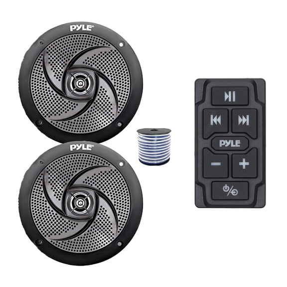 Pyle PLMRBTRK1 Marine Wireless Bluetooth Audio Controller, 2x 4" 100 Watt Max Power Low Profile 2-Way Waterproof Marine Outdoor Speakers (Black) w/Wire for Car, Truck, Boat, PowerSport Vehicles