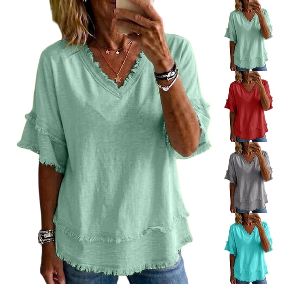 CQXIDFH Under $20 Women's Summer Linen Blend Top, Short Sleeve Solid Color Loose Fit Casual Blouse Business Dressy Casual 2026 Vacation Fashion Clothing Grey T-shirt, XL