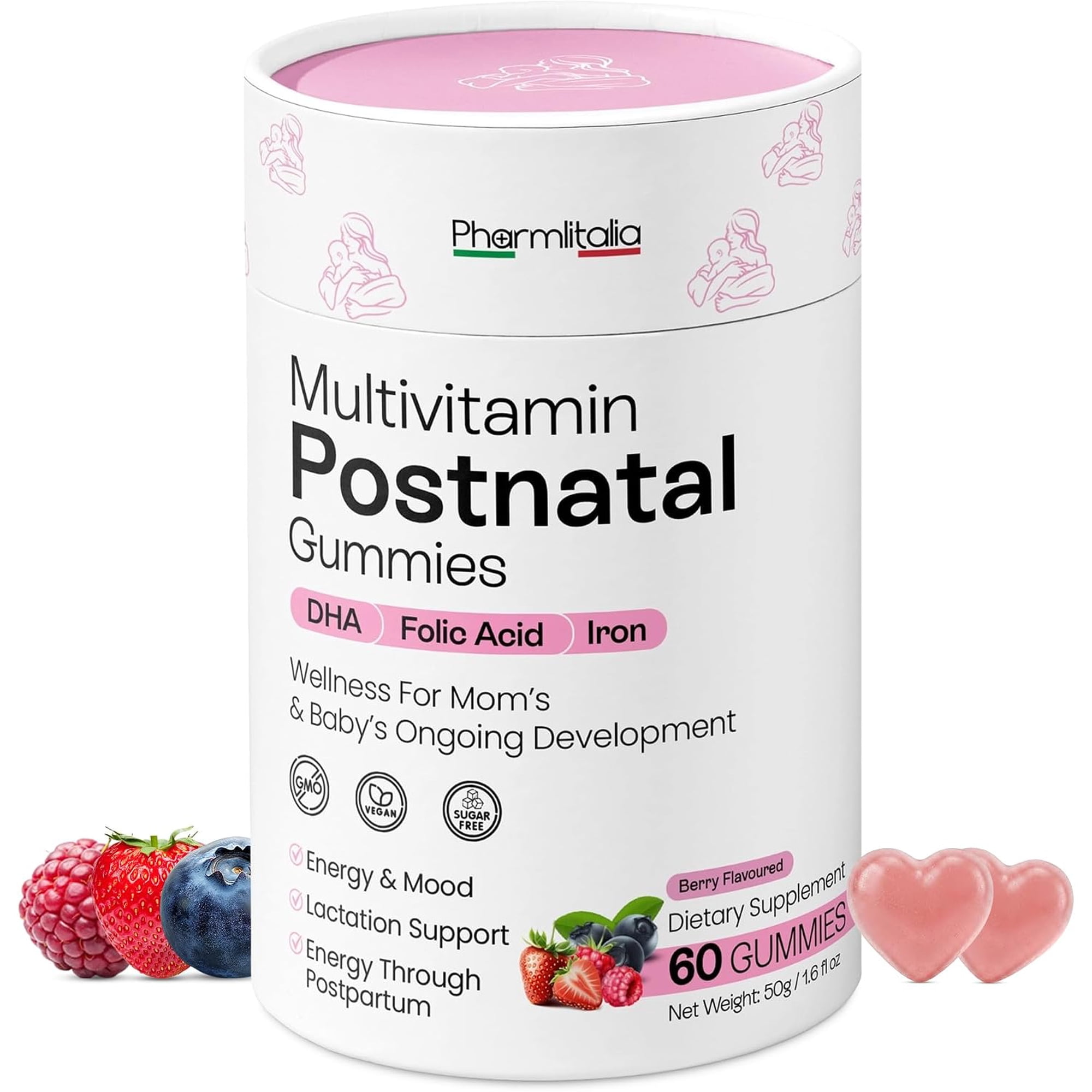 Postnatal Multivitamin Gummies for Women with Iron, Folic Acid & DHA - Berry Flavored Postpartum Vitamin Supplement, Iron Gummies for Women, 60 Gummies