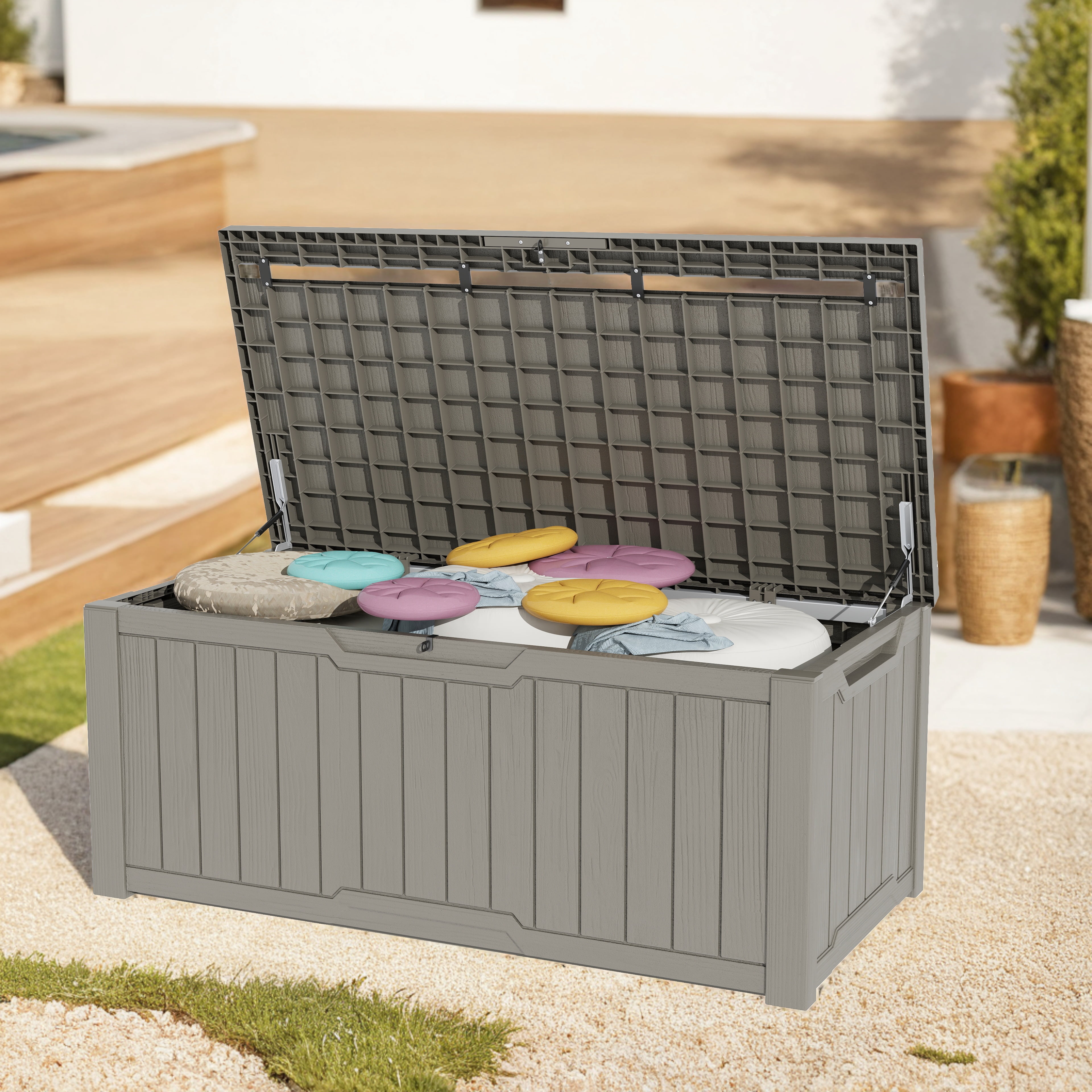 Uforic 100 Gallon Weatherproof Resin Deck Box, Lockable Outdoor Storage Solution in Light Brown