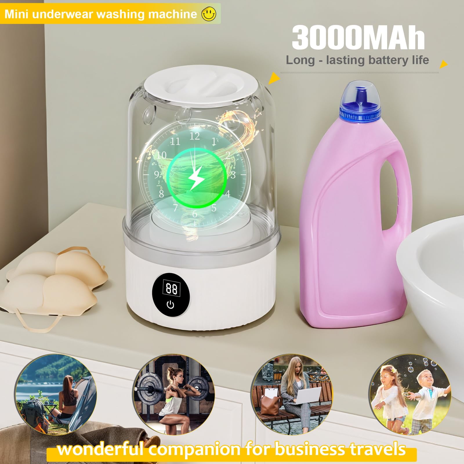 Underwear Washer,Portable Mini Washing Machine,Rechargeable Cordless Washing-Machine,Laundry Cup (white)